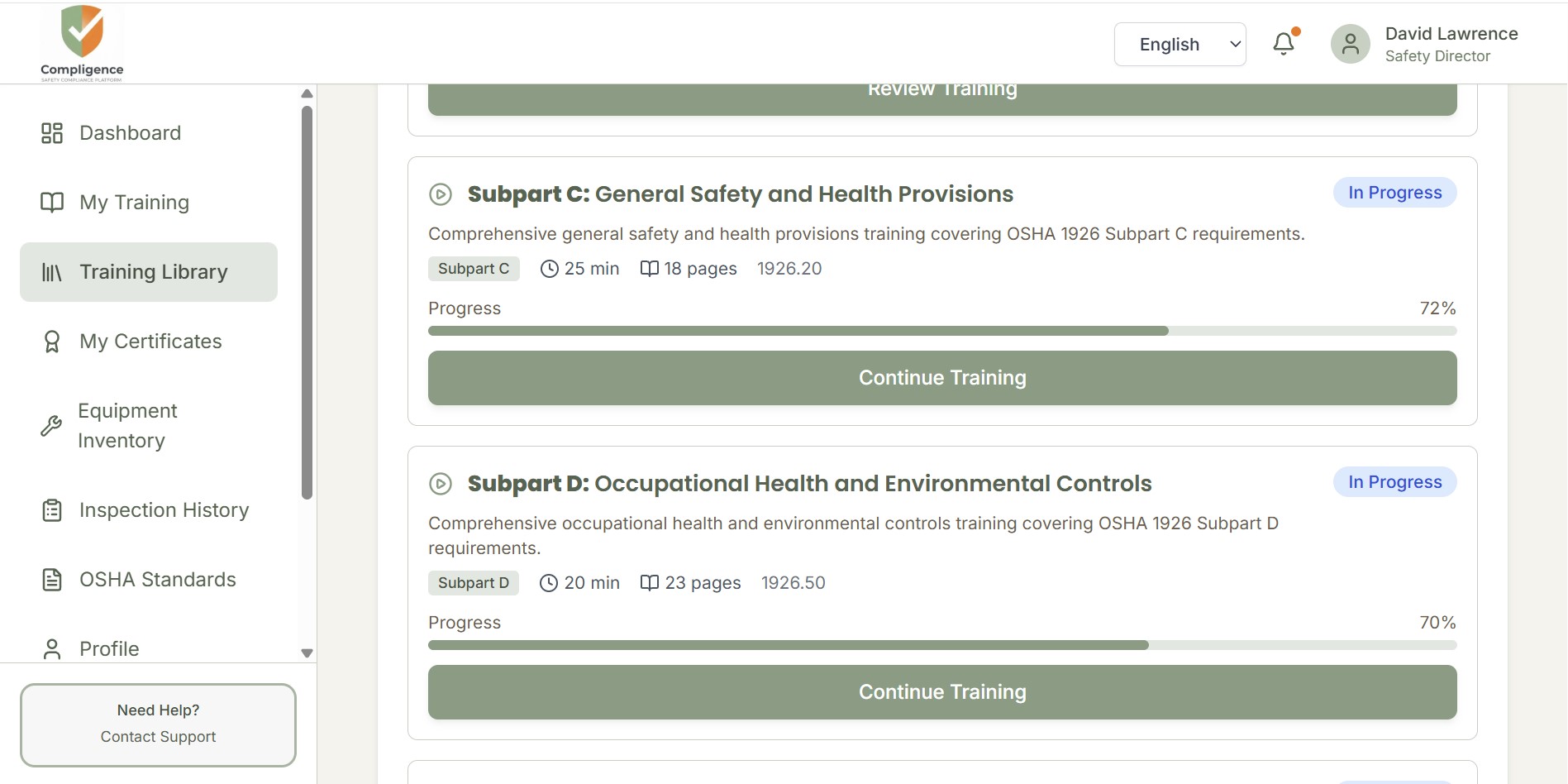 Compligence Platform Dashboard showing OSHA compliance training interface